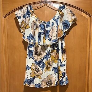 White and Blue Ruffled Blouse with Cap Sleeves